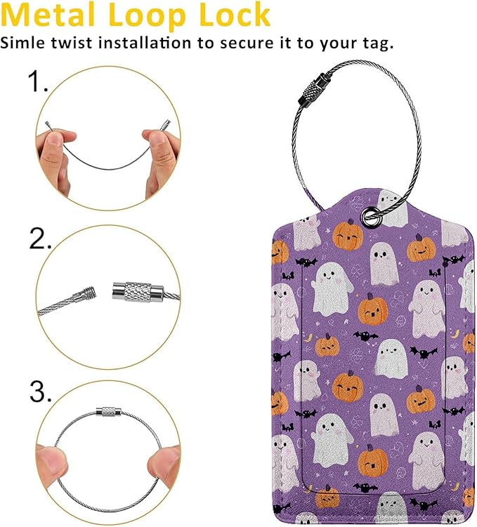 Halloween Ghost and Pumpkin 3 Pack Luggage Tags, PU Leather Luggage Tags for Suitcase,Name ID Labels with Privacy Cover Suitcases and Metal Loop for Travel Bag Suitcase