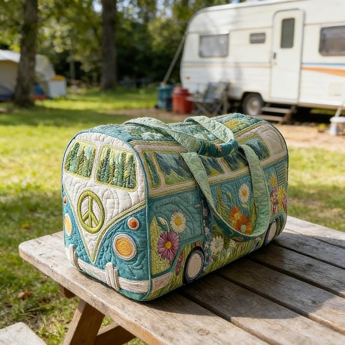 Hippie Journey Quilted Duffel Bag Hippie Van Travel Duffel Bag Vintage Floral Weekender Overnight Bags Women Gym Bags