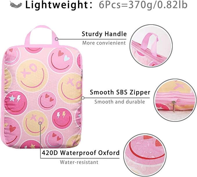 6 Pcs Compression Packing Cubes, Packing Cubes for Travel, Waterproof Luggage Organizer Bags Set, Cute Packaging Cubes for Women Kids Backpack Carry-Ons