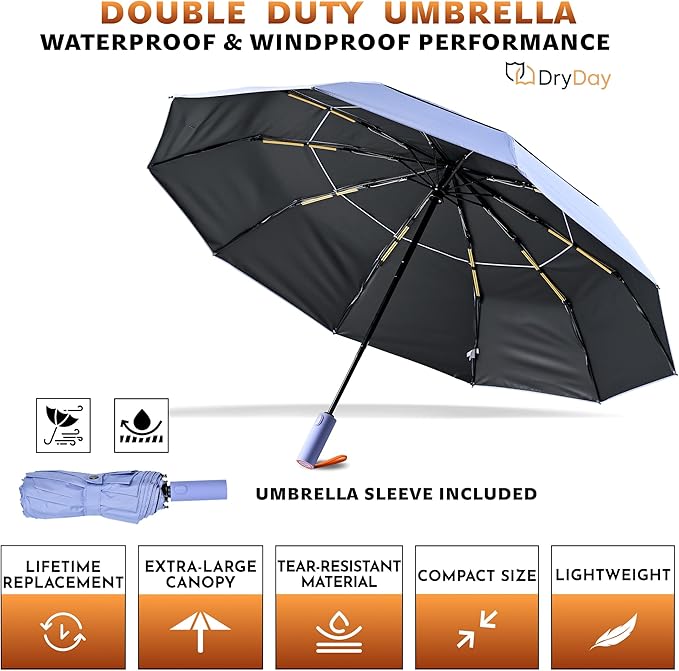 DryDay Travel Umbrellas for Rain - Large Windproof Double Canopy Umbrella, 10 Durable Ribs, Strong Frame, Auto Open Close Ergonomic Handle, Compact Waterproof Umbrella for Women & Men