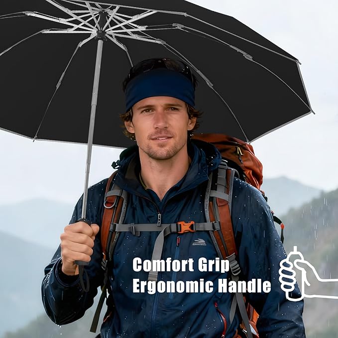 Large Windproof Travel Umbrella, Portable Reverse Folding Car Umbrella, Compact Inverted Design with Waterproof Canopy, Automatic, 10 Durable Ribs, 45.6/13 Inch, Fits Backpack