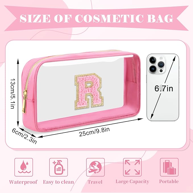Personalized Initial Letter Clear Makeup Bag,Preppy Small Nylon&PVC Cosmetic Zipper Bag with Chenille Letter,Portable Beach Travel Skincare Toiletry Bag,Trendy Monogram Gift for Teen Girls Women,R