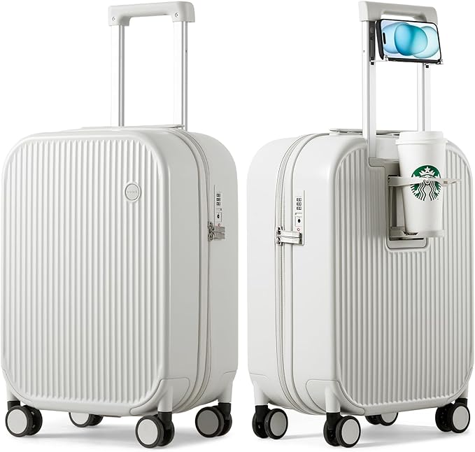 mixi Carry On Luggage with Cup Phone Holder Hard Shell Rolling Travel Suitcase with Spinner Wheels,20 Inch Smoke White