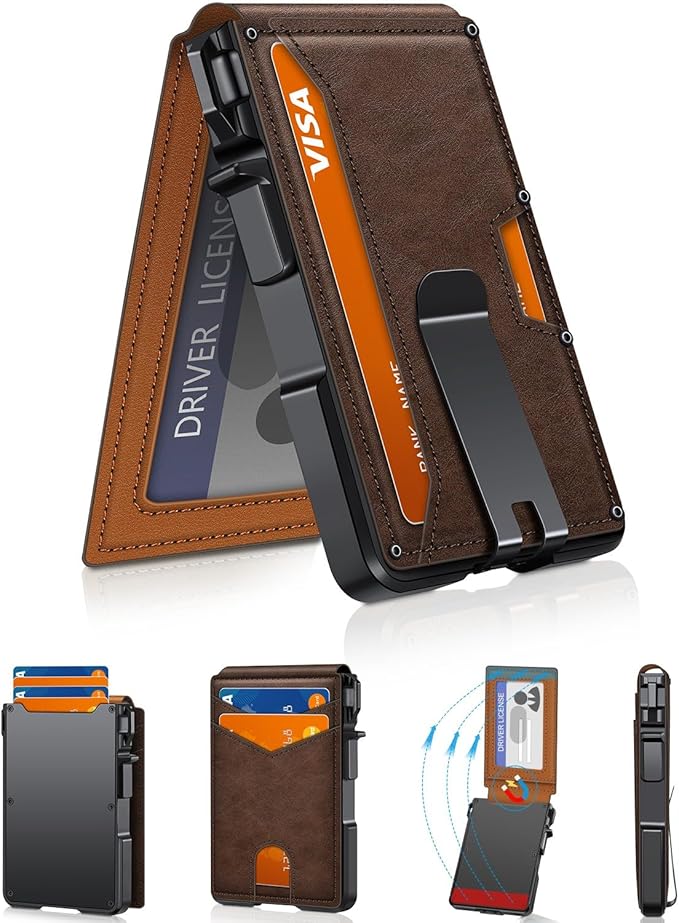 Wallet for Men, Mens Minimalist Wallet 9-13 Cards, Slim Compact Wallet with Money Clip & ID Window, RFID Blocking Smart Pop Up Card Wallet, Metal Aluminum Credit Card Holder Bifold Wallet