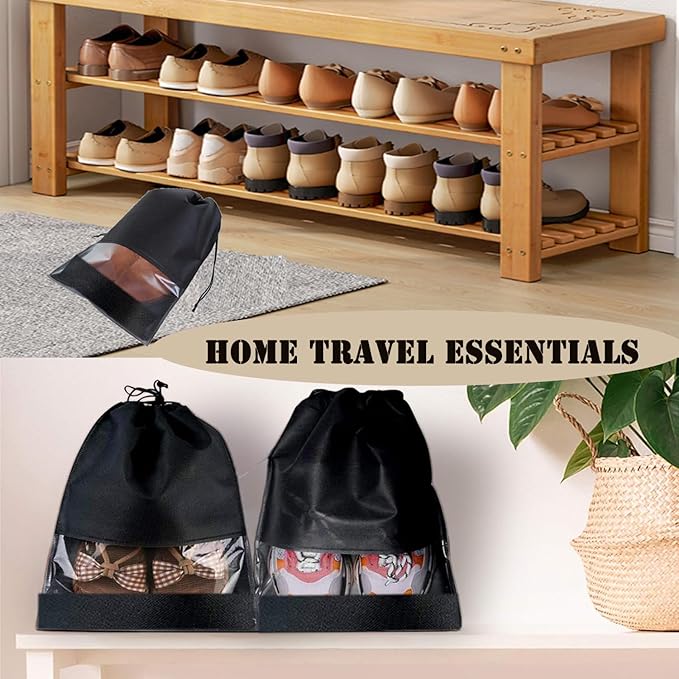 12pcs Non-woven Shoe Bags for Travel 12.6" X 17.3" Portable Shoe Bags with Clear Window, Large Drawstring Dustproof Travel Shoe Storage Bag for Men & Women, Black,XL Size