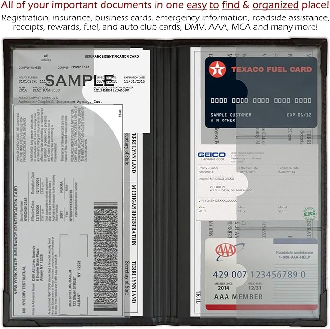 Auto Insurance and Registration Card Holder - Vehicle Glove Box Document Organizer - Car Essential Paperwork Holder for DMV, AAA, Contact Information Cards - Premium PU Leather Wallet Case - Black