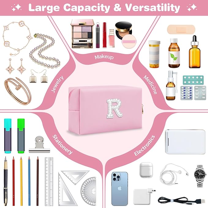 ChaoGreat Bride Gifts – Personalized Initial Makeup Bag with Pearl Rhinestone Patch, Preppy Pink Monogram Cosmetic/Toiletry Pouch, bridesmaid Gifts, Bridal Shower Gifts, Wedding Gifts, Bridal Gifts,R