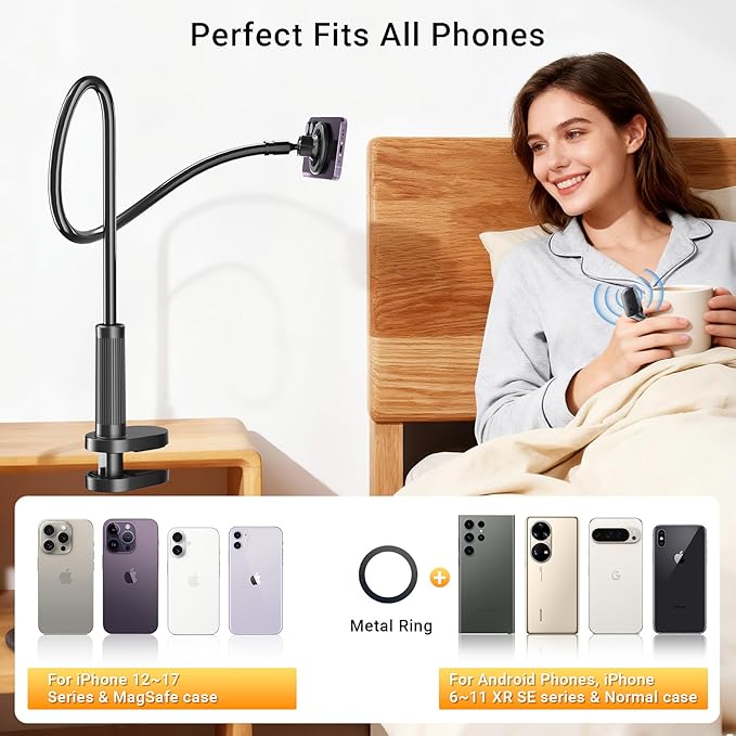 Magnetic Phone Holder for Bed Laying Down with Scrolling Ring Remote Page Turner, Bedside Gooseneck Phone Stand for iPhone Reading, Flexible Mount with Clicker for iPhone/Tiktok/Short Video