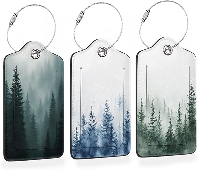 Watercolor Misty Forest PU Leather Luggage Tags for Suitcase, Travel Cruise 3 Pack with Privacy Flap, Name ID Label and Metal Loop for Women Men Girls Baggage Bag Backpack