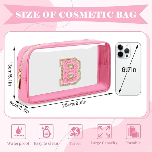 Personalized Initial Letter Clear Makeup Bag,Preppy Small Nylon&PVC Cosmetic Zipper Bag with Chenille Letter,Portable Beach Travel Skincare Toiletry Bag,Trendy Monogram Gift for Teen Girls Women,B