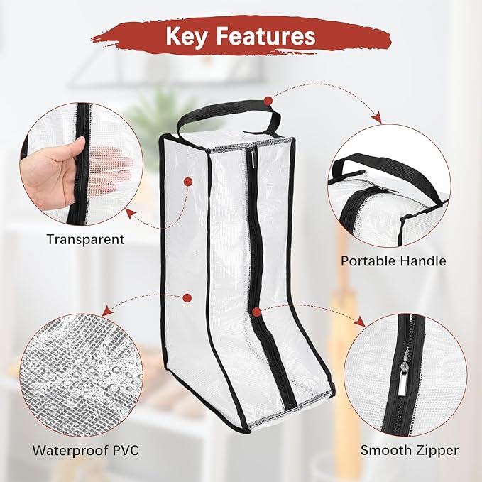 Boot Storage Bags [4PCS] - Plastic Tall Short Boot Carry Bags Clear Shoe Bags with Handle for Travel & Daily Use - [Black] Waterproof & DustProof Boot Bags for Cowboy Boots