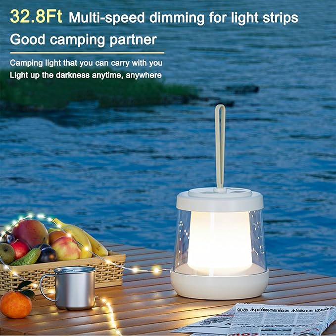 Camping Lantern with String Lights, 2 in 1 Outdoor Waterproof Portable Stowable String Light（32.8Ft）, 1800mAh Rechargeable Lantern with 3 Modes for Camping and Emergency Charging(1-Pack)