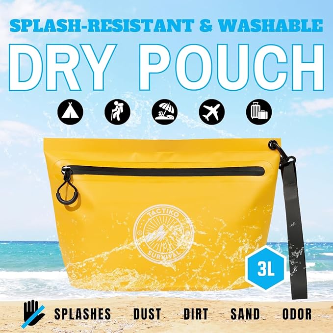 3-Pack Tactiko 3L Water Resistant Pouches - Waterproof Material w/Splashproof Zipper - Hold All Zipper Bags for Storage, Toiletries,Travel, Beach, Cruise, Home (3, Yellow/Red/Gray)