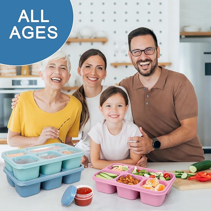 Caperci Bento Box Adult Lunchable Container - Reusable 3-Pack Snack Box Containers with 5-Compartment & 3pc Dressing Cups, BPA-Free Food Storage for Meal Prep, School, Work (Dark & Clear Lids)