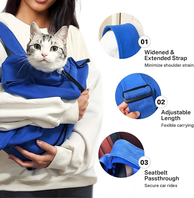 Amkune [Cozy Travel] Cat Carrier Pouch, Soft Cat Carrier for Small Cats, Kitten Carrying Bag, Restraint Bag for Nail Trimming, Vet Visits, Giving Meds, Car Travel - Klein Blue Upgrade