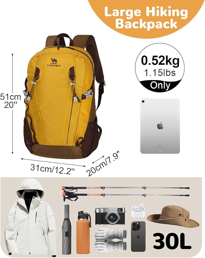 30L Small Waterproof Hiking Backpack with Chest Strap for Men Women, Lightweight Climbing Daypack, Yellow