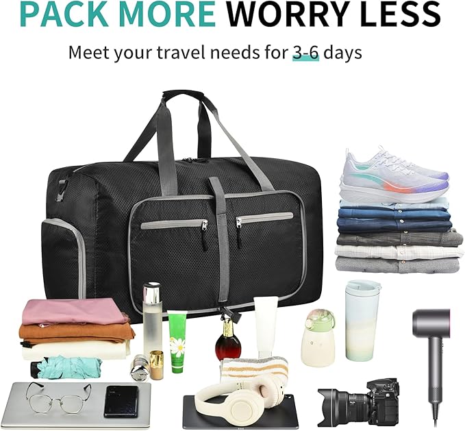 Dimayar Travel Duffle Bag for Men Women - Foldable Duffel Bag with Shoes Compartment - Overnight Bags Waterproof & Tear Resistant(115L,Black)