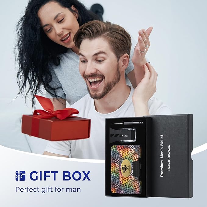 Slim Wallet for Men - Minimalist Mens Wallet with Money Clip, Aluminum Pop Up Card Case and Leather Slots Credit Card Holder RFID Blocking Wallet for Men with Gift Box