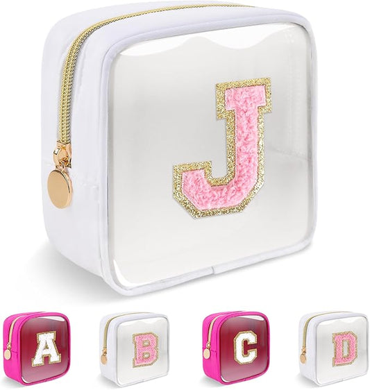 Personalized Initial Letter Clear Preppy Makeup Bag,Mini Nylon Chenille Letter Cosmetic Bag Cute Zipper Pouch Purse for Teen Girls,Portable TSA Approved Beach Travel Essentials Bag Gift for Women,J