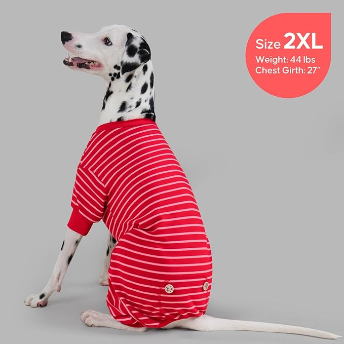 KYEESE Dog Pajamas, Striped Clothes Pet PJS, Velvet Fleece Doggie Jammies, Soft 4 Legs Outfit Dog Pajamas, Cozy Pet Clothes Onesie, Comfortable PJS for Medium Dogs,Red Striped, XX-Large