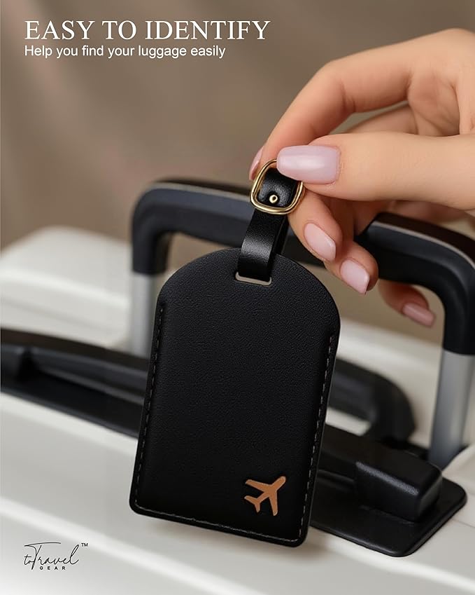 Luggage Tags for Suitcases,2 Pack PU Leather Privacy Protection Bag Tags Travel Accessories Essentials,Black