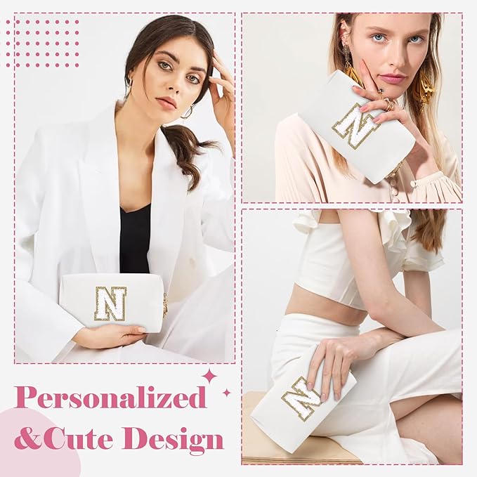 Small Personalized Initial A-Z Preppy Patch Makeup Bag,White PU Chenille Letter Travel Cosmetic Pouch with Zipper,Cute Toiletry Bag,Gift Ideal for Teen Girls Women Teacher Bridesmaid,Letter N