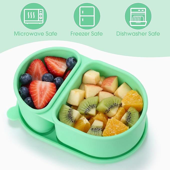 Yiyiring 5 Pcs Reusable Silicone Snack Containers with Lids 2 Compartment Leakproof Food Storage Containers 8 oz Small Portable Bento Boxes for School Office Picnic Travel Daycare
