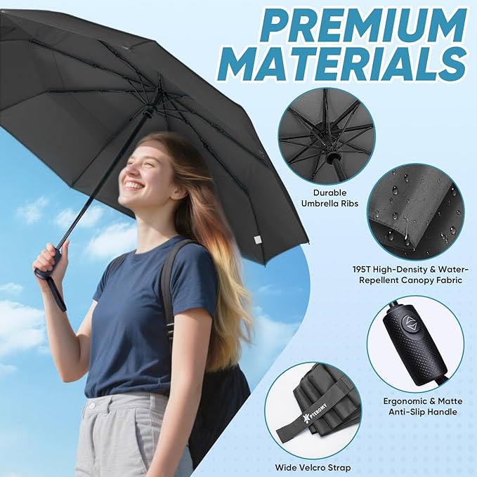 PTEROMY Windproof Compact Travel Umbrellas for Rain and Sun, Withstands 85MPH Winds Auto Open Close Folding Umbrella with Ergonomic Handle, Quick Dry Canopy for Commuting or Backpack