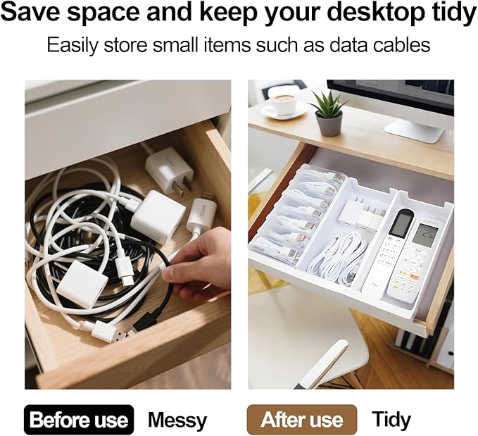 11 in 1 Charger Cable Organizer Box with Lid and 20 Cable Ties & 32 Labels Included | Multi-Function Storage for Office Desk Drawer | Cord, Charger, Card Organizer Case