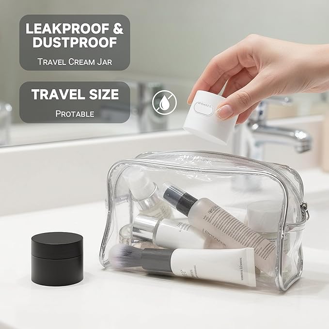 Travel Size Containers, 1OZ Small Plastic Containers with Lids, Travel Container for Creams, Lotion, Toiletries, Makeup (2PCS Black and 2PCS White Plastic Jars)