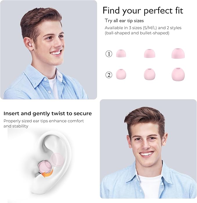 2 Pairs Ear Plugs for Sleeping, Soft Full Silicone Ear Plugs for Noise Reduction 25dB, Reusable Hearing Protection Earplugs for Concert, Focus, Noise Sensitivity, 8 Ear Tips in S/M/L - Pink