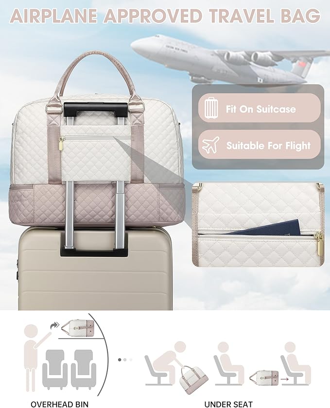 Travel Duffle Bag Weekender for Women: Travel Duffel Bag Carry-On Overnight Bag with Shoe Compartment & Wet Pocket Large Weekend Tote Bag withGym Duffel Bag for Hospital Beige