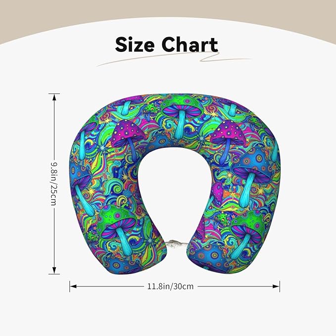 Comfortable Travel Pillow for Pain Relief Sleeping, Memory Foam Airplane Car Neck Pain Pillows Trippy Stoner Magic Mushrooms Art, Funny Chin Head Support Cushion