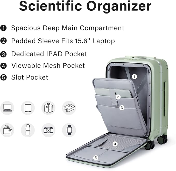 MILADA Wide Handle Carry On Luggage with Front Pocket Hardshell 20 Inch Front Opening Luggage with Spinner Wheels TSA Lock Aluminium Suitcase Airline Approved Carry-On Travel Luggage, Bamboo Green