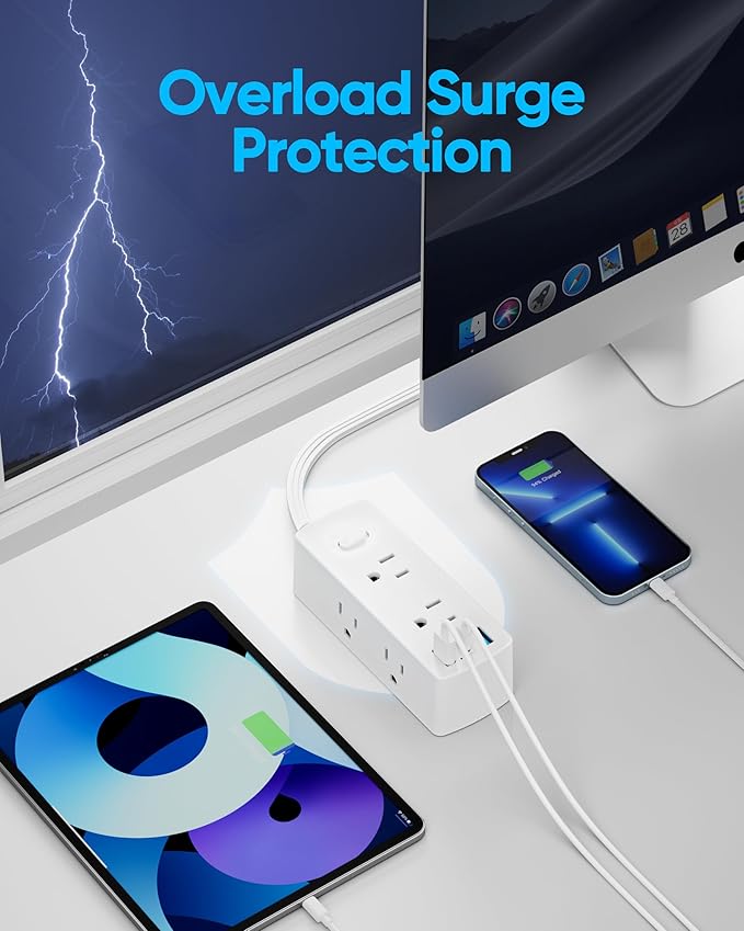 Short Extension Cord 3ft - Olcorife Flat Plug Power Strip with 6 Outlets 3 USB Ports(1 USB C), Small Outlet Extender for Travel Dorm Room Essentials, White