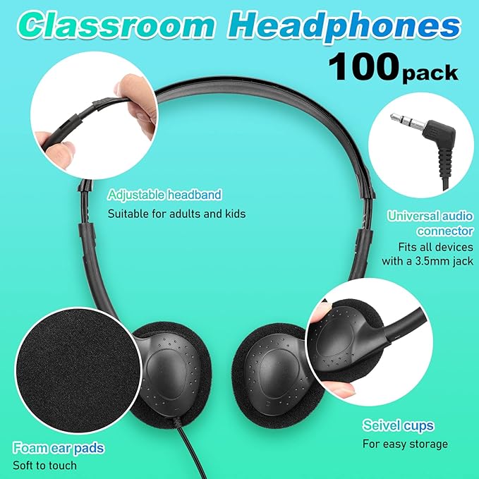 Hoteam 100 Pack Headphones for Classroom Bulk Students Adjustable Headphones Wired Pack Black Over The Head Earphones with 3.5 mm Plug for School Library Museums Charity Donate(Black)