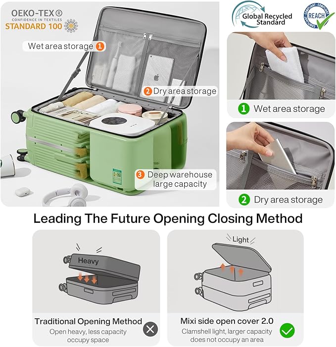 mixi Large Checked Luggage with Cup Phone Holder and Charger Hard Shell Suitcases with Spinner Wheels, 26 Inch Avocado Green