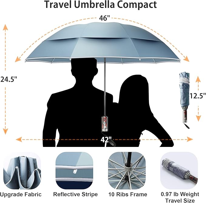 Urvoix Compact Golf Umbrellas Windproof, Travel Umbrella for Rain, 10 Ribs Aluminum Alloy & Fiberglass w/Reflective Stripe, Double Canopy Automatic Anti-bounce Close