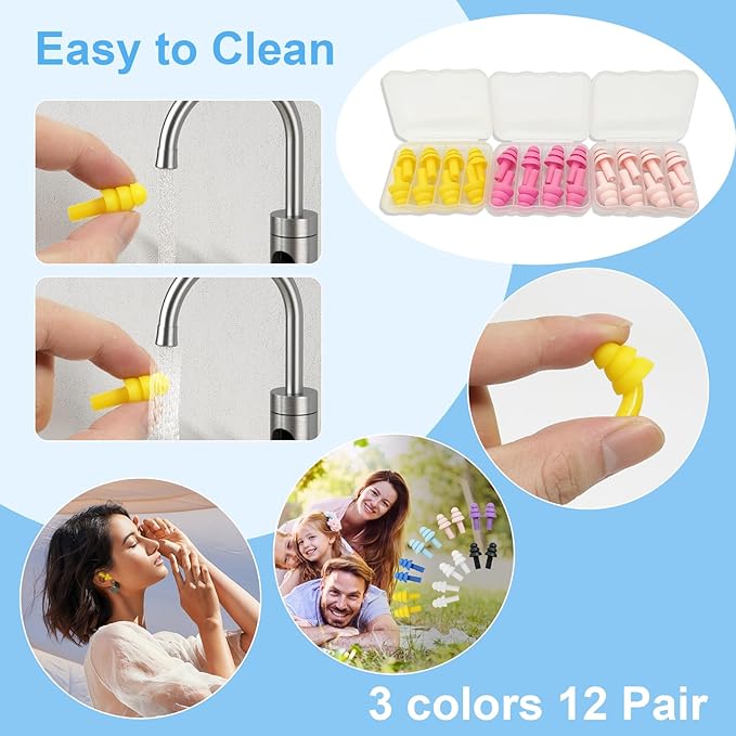 Ear Plugs for Sleeping,12 Pair Earplugs Noise Canceling Soft Silicone Ear Plug Reusable Earplugs for Sleep,Concert,Swimming,Study,Loud Noise,Snoring(Yellow Pink Rose Red)