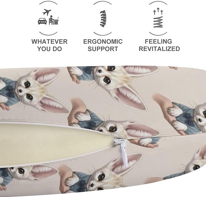 Soft Memory Foam Travel Pillow Chin Support Cute Fennec Fox, Removable Washable Cover for Airplane Car Home Office Nap