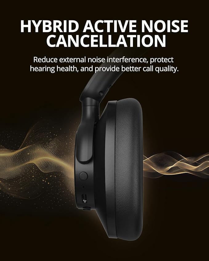Tronsmart Q20S Hybrid Active Noise Cancelling Headphones, Wireless Over Ear Headphones with Mic, Hi-Res Audio, 60H Playtime, Deep Bass Custom EQ via App, Comfort Fit, for Travel Home Office
