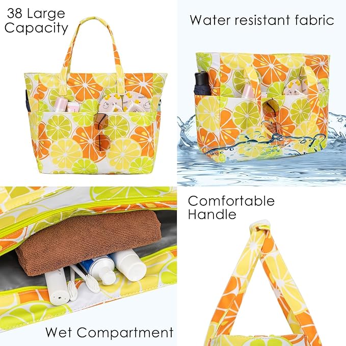 KABAQOO Extra Large Beach Bag Waterproof Sandproof Women Beach Tote with Zipper & Wet Compartment for Pool Gym Grocery Travel