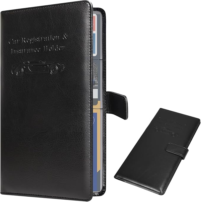 DMLuna Car Registration and Insurance Holder, Leather Vehicle Card Document Glove Box Organizer, Auto Truck Compartment Accessories for Essential Information, Driver License Cards - Black