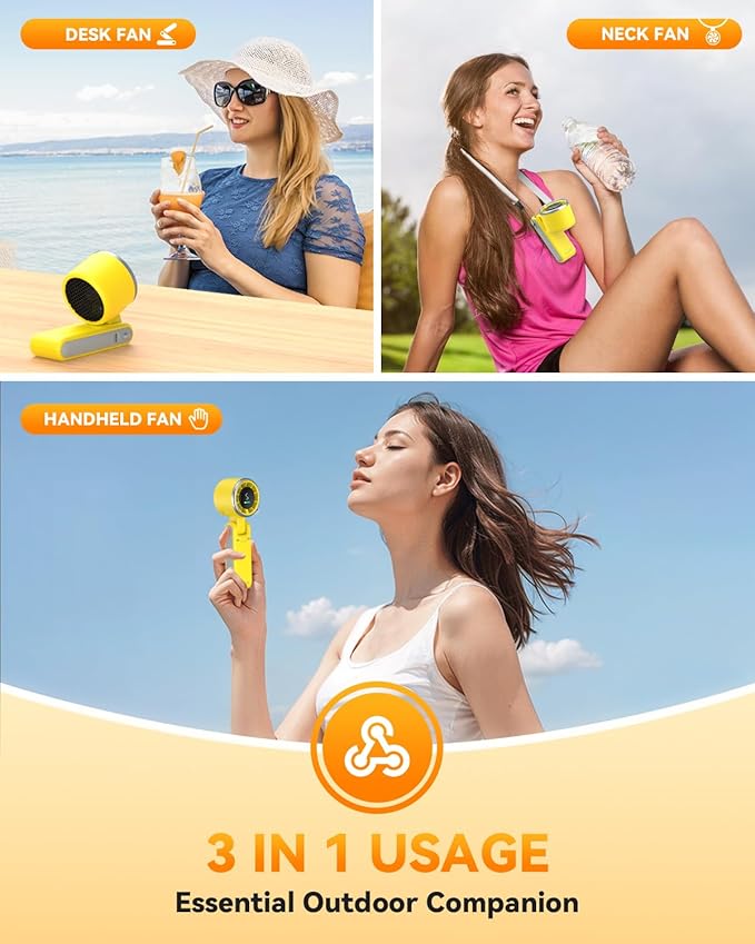 PlayHot Portable Handheld Turbo Fan, 5-Speed Personal Fans, 5000mAh Rechargeable Fans Up to 12 Hours, Weight only 0.6lb Small Fan, Hand/Neck/Desk Fan 3 IN 1, Beach Vacation Essentials(Yellow)