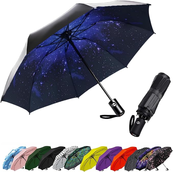 SIEPASA Compact Travel Umbrella - Windproof Auto Open/Close, Small Folding Umbrella for Rain - Lightweight & Durable with Fiberglass Frame, Waterproof Canopy - Fits Backpack, Purse, Suitcase. (Starry)