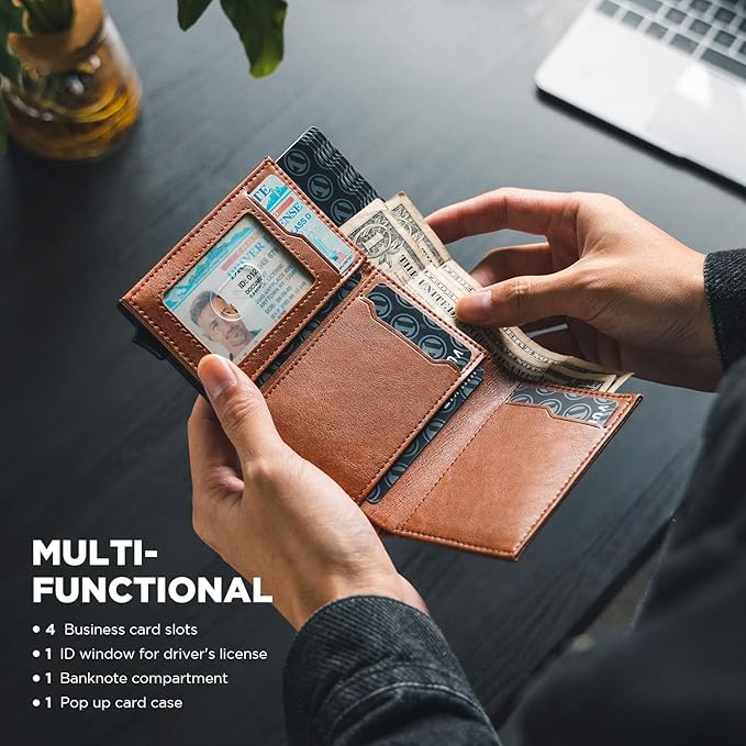 VULKIT Pop up Card Wallet Minimalist Cash Wallets RFID Blocking Leather Smart Credit Card Holder with ID window for Men(Brown)