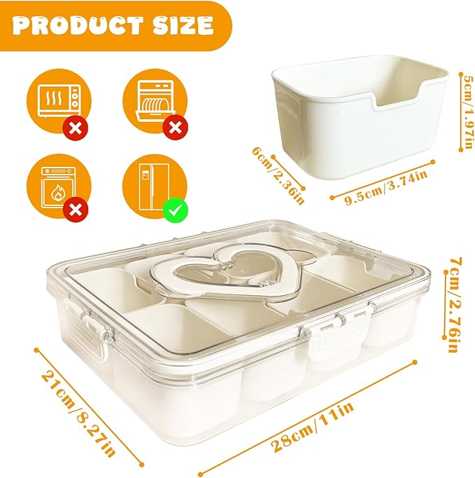 Snackle Box Container, 8 Compartments Divided Serving Tray With Lid And Handle,Reusable Portable Snack Containers For Candy Fruits Nuts Snack, Travel Snack Box(White)