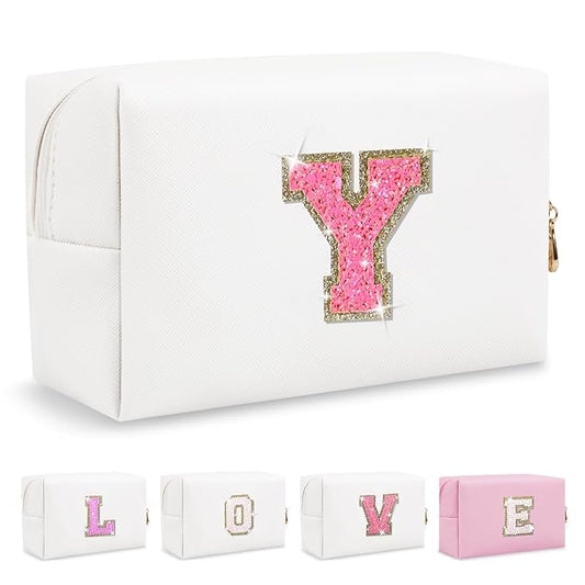 Small Personalized Initial A-Z Patch Makeup Bag,White Cute PU Leather Glitter Letter Cosmetic Bag for Teen Girls,Travel Toiletry Bag with Zipper,Preppy Monogrammed Birthday Gift for Daughter Niece Y