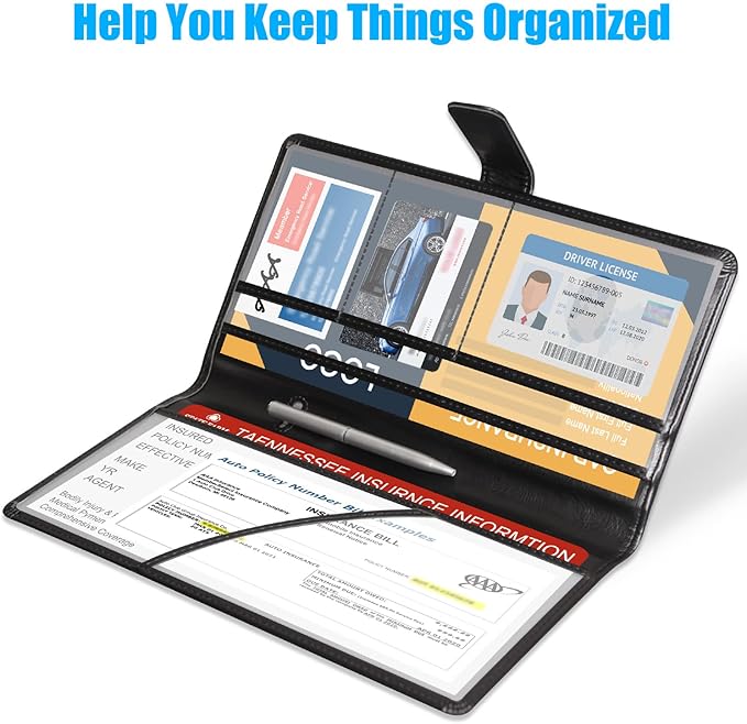 DMLuna Car Registration and Insurance Holder, Leather Vehicle Card Document Glove Box Organizer, Auto Truck Compartment Accessories for Essential Information, Driver License Cards - Black