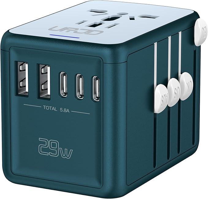 Universal Travel Adapter with 6.0A 3X 3.0A USB-C Ports, 2X 2.4A USB-A Ports & 2500W AC Outlets, International Power Plug Adapter Worldwide Travel Charger for EU UK AUS USA (Type C/G/I/A Plug)